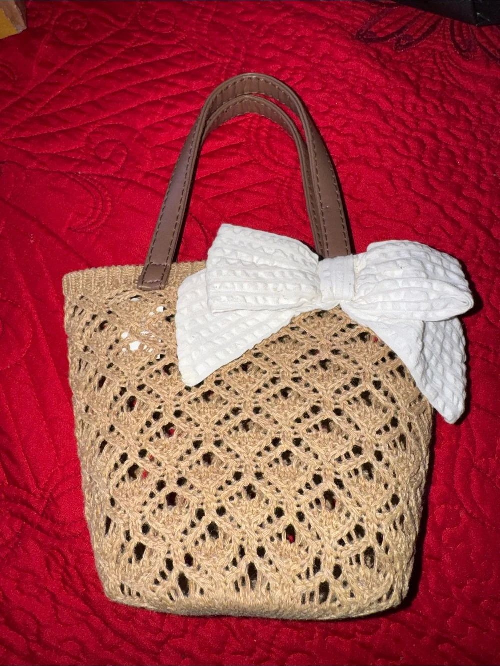 Kids Woven Mini Tote with Cream Bow Accent